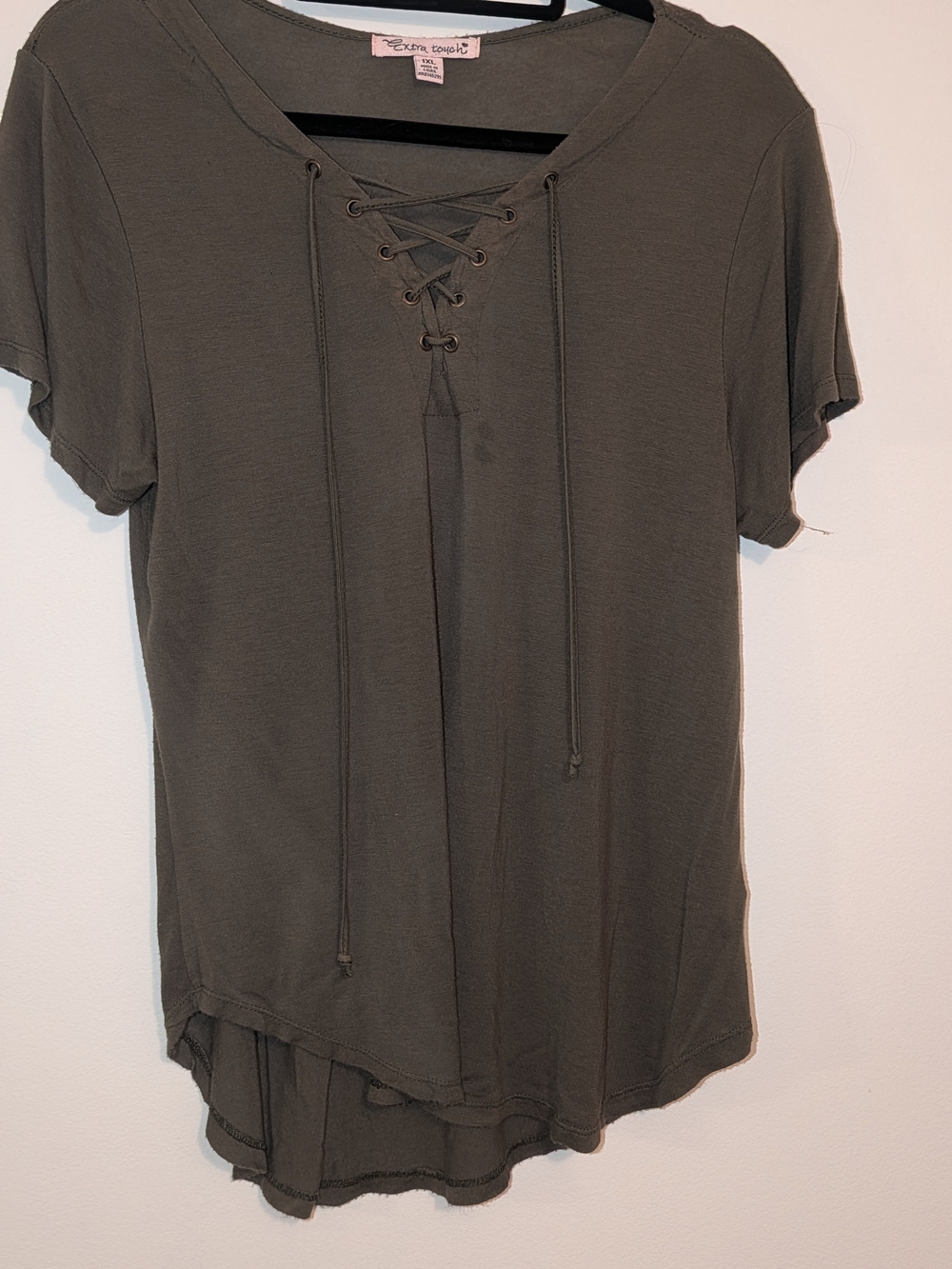 Extra Touch Olive Lace-Up V-Neck Short Sleeve Top